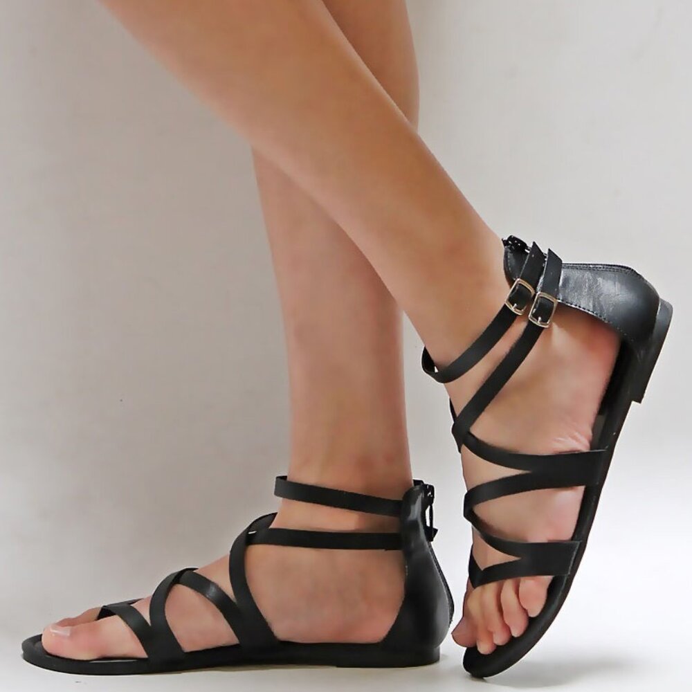 Women’s Black Multi-Strap Ankle Buckle Sandals